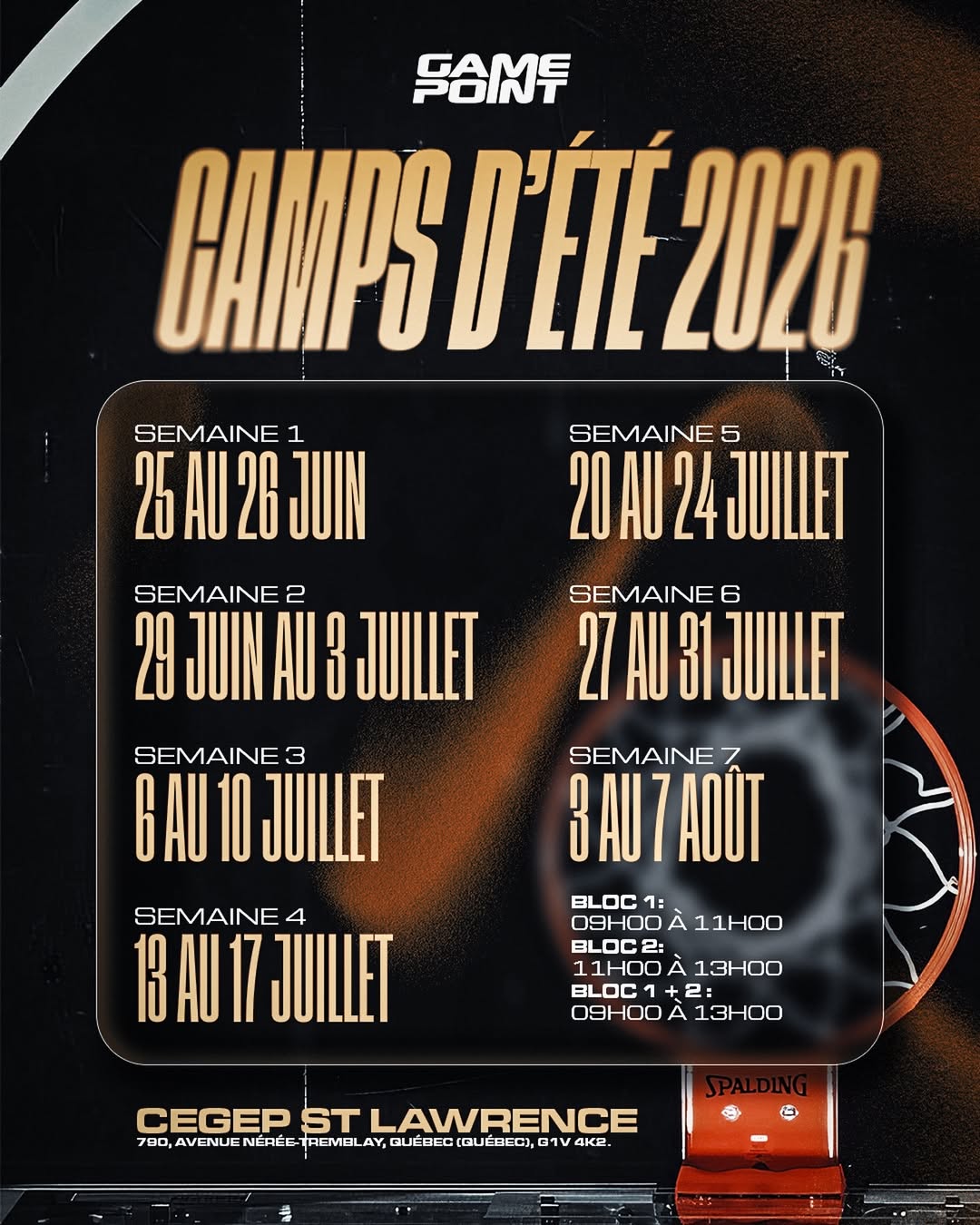 Camps d'été 2026 Game Point — Cegep St-Lawrence, du 25 juin au 7 août